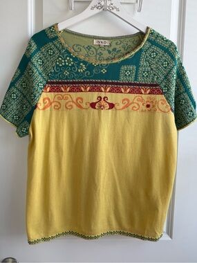 IVKO Woman Morocco Pattern Knit Pullover Sweater Size 44 EU 12 US Yellow Cotton